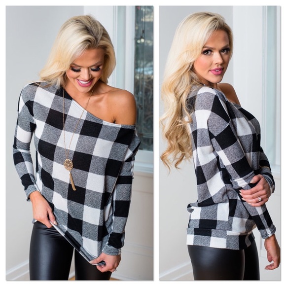 Ivory & Plaid Off Shoulder Sweater Top - Picture 2 of 2
